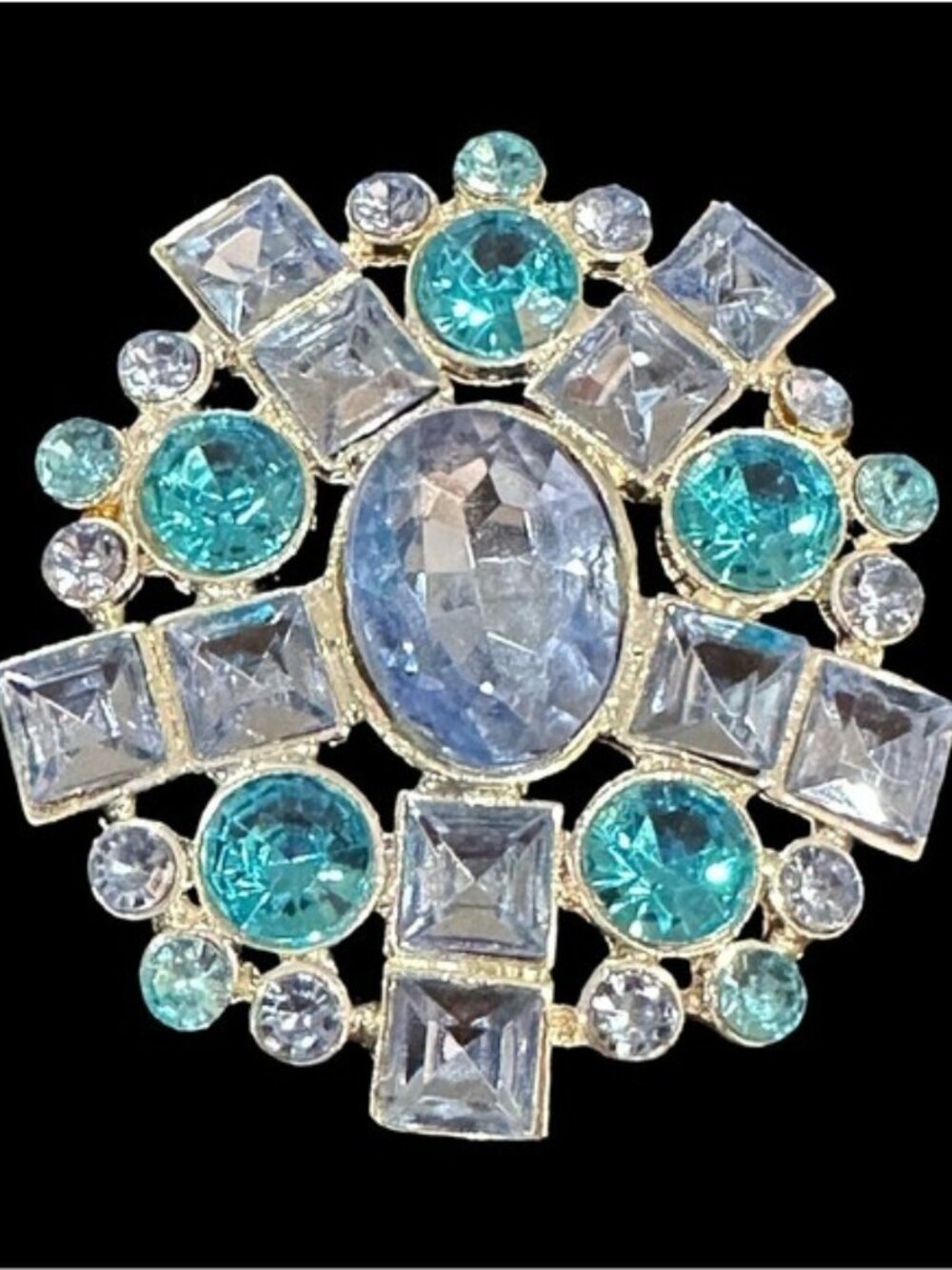 Vintage Brooch Rhinestone Wreath Geometric Silver Tone Blue Teal Costume Jewelry